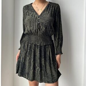 Rails Zana Animal Print Mini Dress Sz XXS Olive Black‎ Oversized Long Sleeve